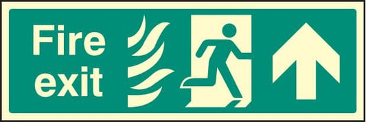 42088L Fire exit up photo HTM Photoluminescent S/A Vinyl (450x150mm) Safety Sign
