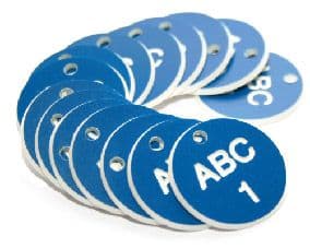 51503 27mm Engraved Valve Tags - 50 sequential numbers - (eg. 1-50) White text on blue  (27mm dia)