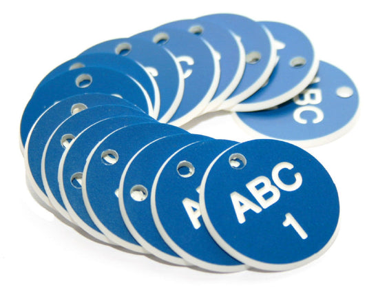 51507 38mm Engraved Valve Tags - 50 sequential numbers - (eg. 1-50) White text on black  (38mm dia)