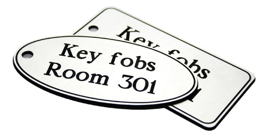 51526 78x150mm Key fob oval - White text on red  (78x150mm) Safety Sign