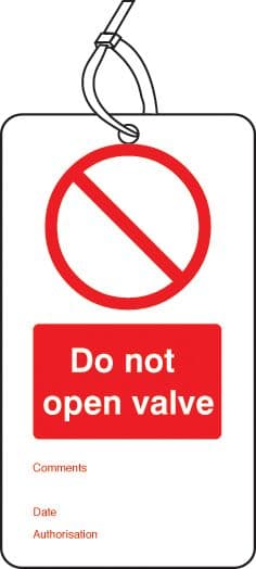 53429 Do not open valve double sided safety tags (pack of 10)  (80x150mm) Safety Sign