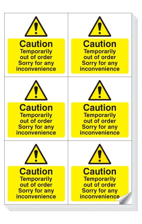 54041 Caution temporarily out of order easy peel labels sheet of 6  (105x99mm) Safety Sign