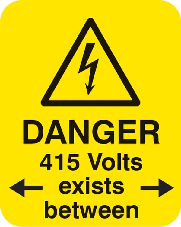 54051 Danger 415 volts <-exists between-> Sheet of 25 labels 40x50mm  (40x50mm) Safety Sign