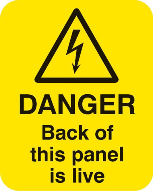 54056 Danger back of this panel is live Sheet of 25 labels 40x50mm  (40x50mm) Safety Sign