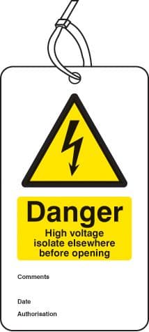 55067 Danger high voltage isolate elsewhere D/S tag pk of 10  (80x150mm) Safety Sign