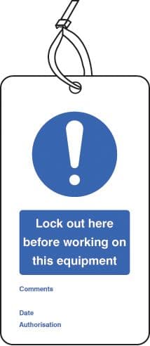 55076 Lockout Tag - Lock out here before working on... (80x150mm) Pk of 10  (80x150mm) Safety Sign