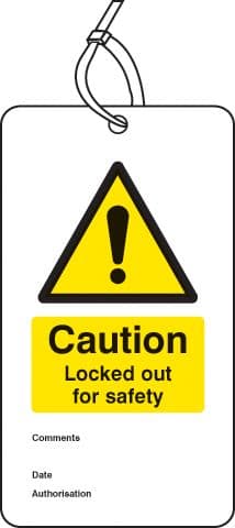 55083 Lockout Tag - Caution Locked out for safety (80x150mm) Pk of 10  (80x150mm) Safety Sign