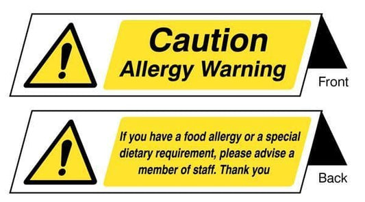 55633 Food allergy notice double sided plastic table cards (pack of 5) Safety Sign