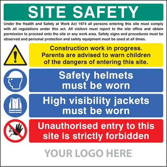 55796 Site safety board, helmets, hi-vis, unauthorised entry site saver sign (1220x1220mm)
