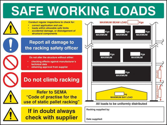 56355 SWL pallet racking sign 5mm foamex 600x450mm  (600x450mm) Safety Sign