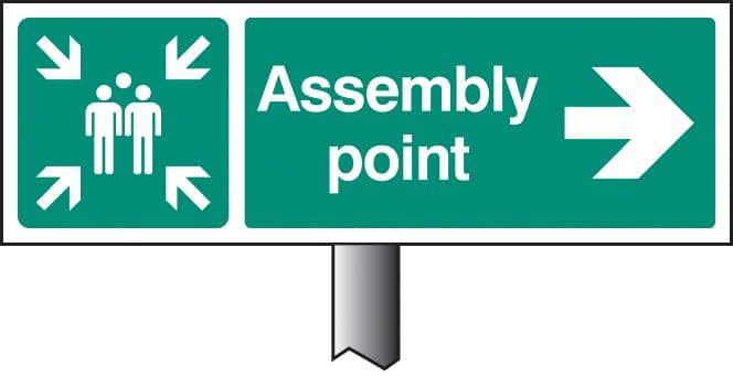 56541 Assembly point right verge sign 450x150mm (post 800mm)  (450x150mm) Safety Sign
