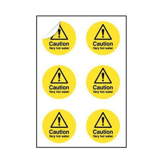 56598 Caution Very hot water 65mm dia - sheet of 6