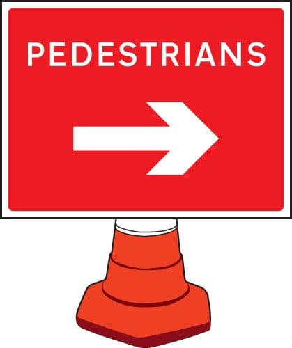 57652 Pedestrians arrow right cone sign 600x450mm  (600x450mm) Safety Sign