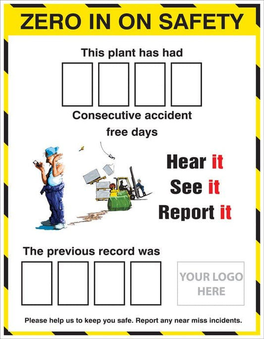 58053 Zero in on safety accident board with 2 sets of numbers c/w logo 700x900  (700x900mm)