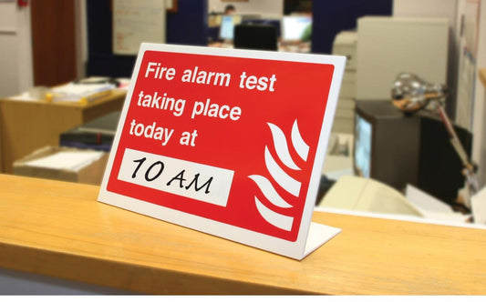 58062 Fire alarm test taking place today at (insert time) table top sign  (300x210mm) Safety Sign