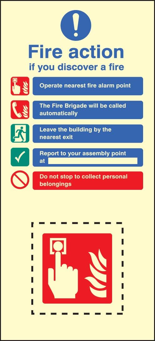 58220 Call point fire action set photoluminescent  (150x300mm) Safety Sign