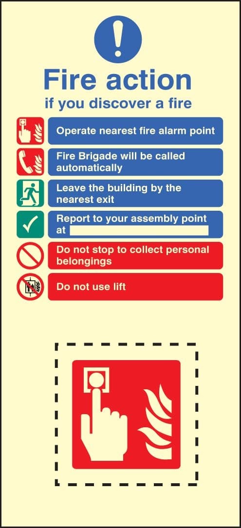 58221 Call point fire action set photoluminescent  (150x300mm) Safety Sign