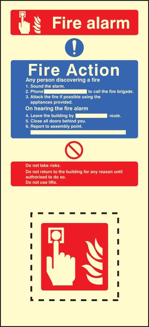 58222 Call point fire action set photoluminescent  (150x300mm) Safety Sign