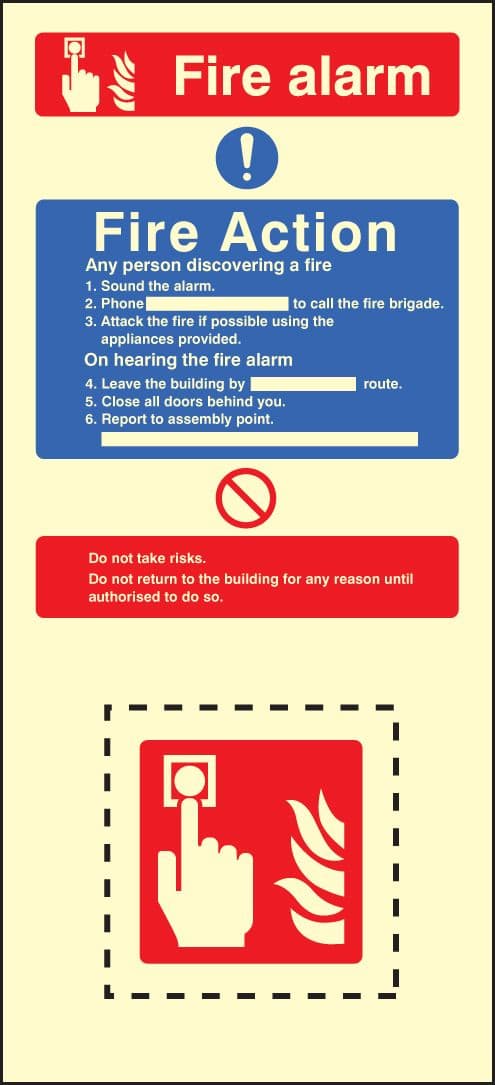 58223 Call point fire action set photoluminescent  (150x300mm) Safety Sign