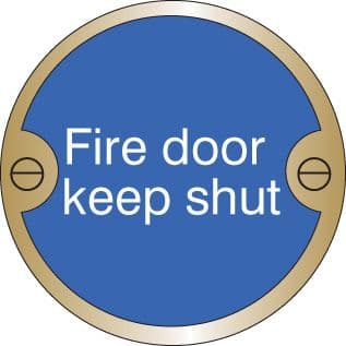 59122 Fire door keep shut 76mm dia brass sign  (76mm dia) Safety Sign
