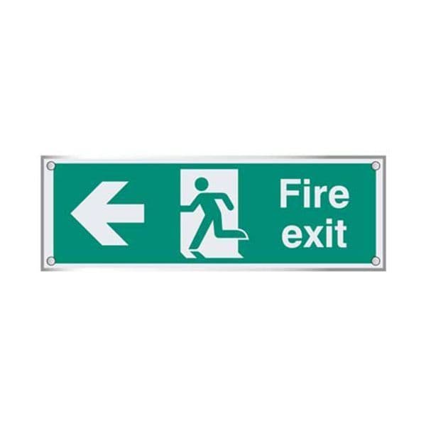 59467 Fire exit left visual impact 5mm acrylic sign 450x150mm c/w stand off locators