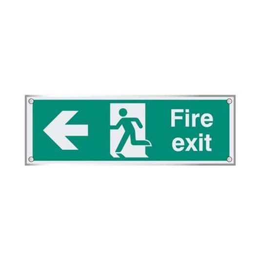 59467 Fire exit left visual impact 5mm acrylic sign 450x150mm c/w stand off locators