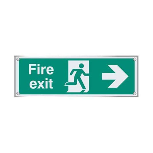59468 Fire exit right visual impact 5mm acrylic sign 450x150mm c/w stand off locators