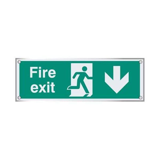 59470 Fire exit down visual impact 5mm acrylic sign 450x150mm c/w stand off locators