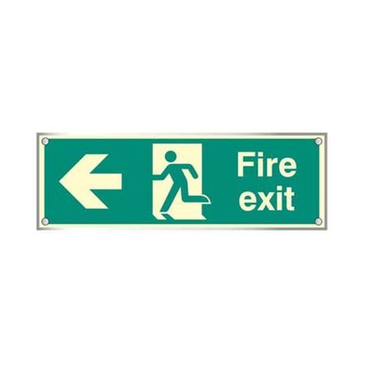 59471 Fire exit left visual impact 5mm acrylic photolum. sign 450x150mm c/w stand off locators