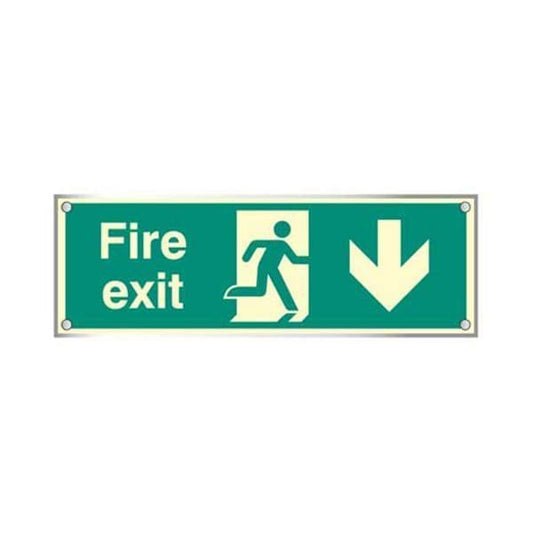 59474 Fire exit down visual impact 5mm  photolum. acrylic sign 450x150mm c/w stand off locators