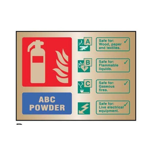 59490 ABC powder extinguisher ID brass 150x200mm adhesive backed