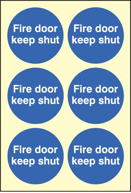 59690 Fire door keep shut 65mm dia - sheet of 6 photoluminescent  (65mm dia) Safety Sign