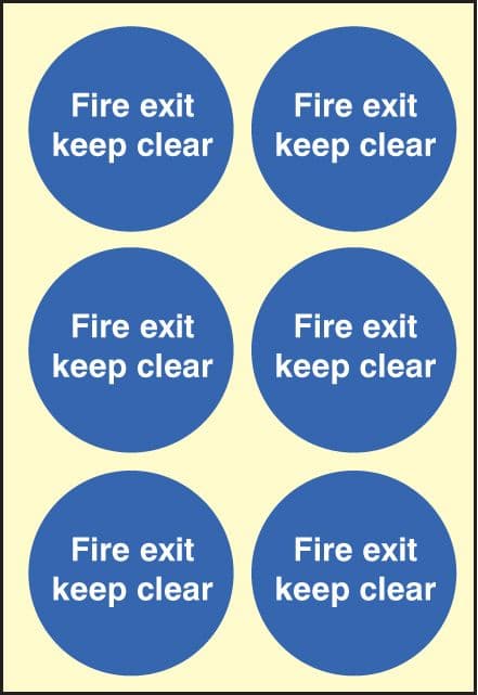 59691 Fire exit keep clear 65mm dia - sheet of 6 photoluminescent  (65mm dia) Safety Sign