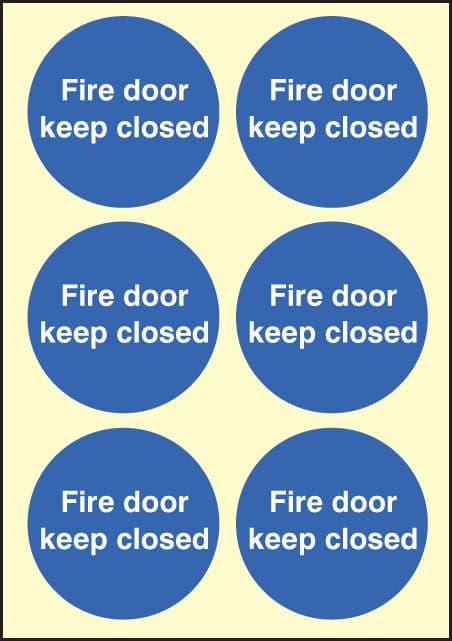 59692 Fire door keep closed 65mm dia - sheet of 6 photoluminescent  (65mm dia) Safety Sign