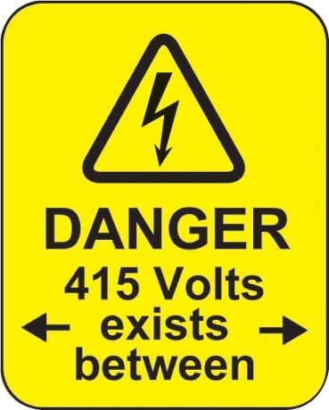 59787 Danger 415 volts <-exists between-> roll of 100 labels 40x50mm  (40x50mm) Safety Sign