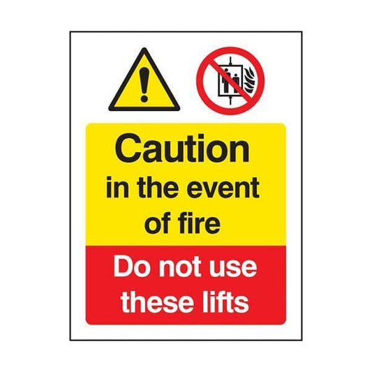 81220E Caution in the event of fire do not use lifts sign - Quick-Fix with S/A Back (200x150mm)
