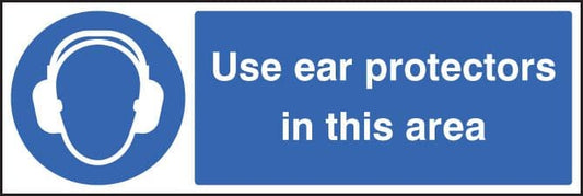 85010G Use ear protectors in this area  (300x100mm) Rigid PVC with SAV Backing Safety Sign