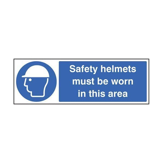 85016E Safety helmets must be worn in this area sign - Quick-Fix with SAV Backing (200x150mm)