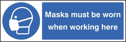 85207G Masks must be worn when working here  (300x100mm) Rigid PVC with SAV Backing Safety Sign