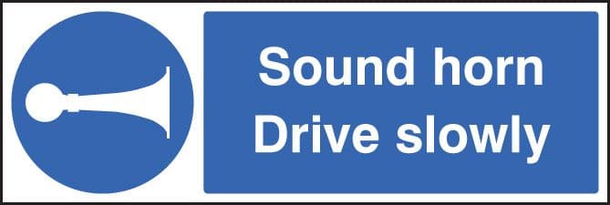 85413G Sound horn drive slowly  (300x100mm) Rigid PVC with SAV Backing Safety Sign