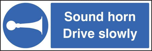 85413G Sound horn drive slowly  (300x100mm) Rigid PVC with SAV Backing Safety Sign