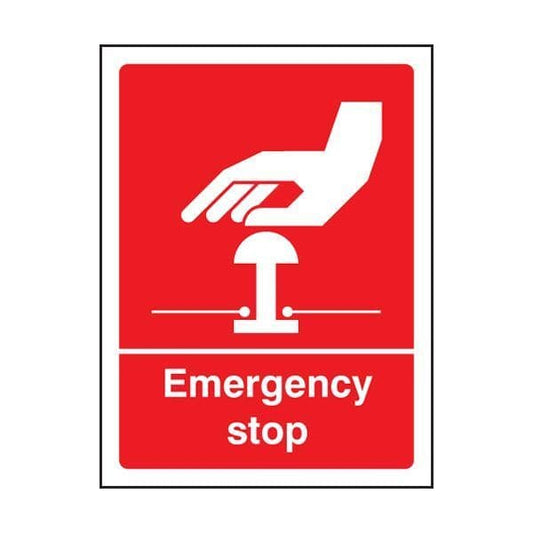 86005E Emergency stop (white/red) sign - Quick-Fix with SAV Backing (200x150mm)