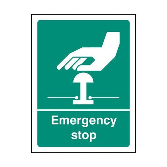 86055E Emergency stop (white/green) sign - Quick-Fix with SAV Backing (200x150mm)